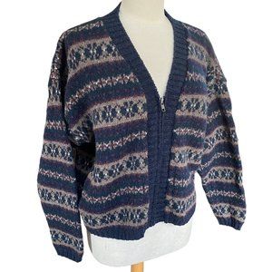 Vintage Winona Wool Blend Fair Isle Sweater Jewel Tone Striped Ski Nordic Zip-L